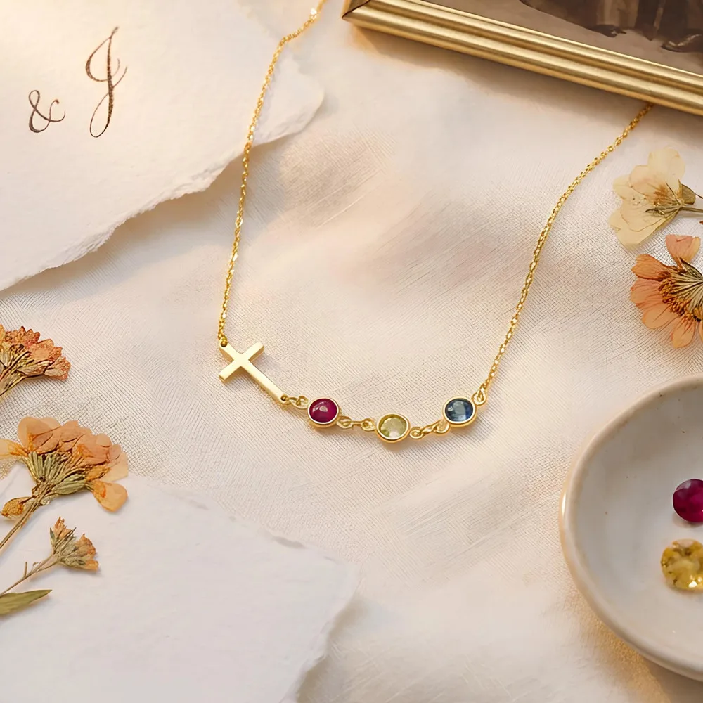Custom Cross Birthstone Necklace Family Jewelry Stainless Steel Vintage Cross Charm Necklaces For Mom Christmas Gift