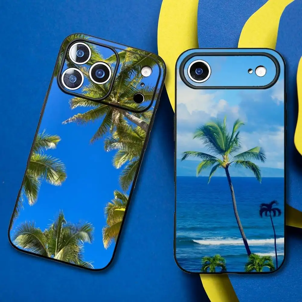 

Summer Beach Sea Palm Tree Phone Case For iPhone17,16,15,14,13,12,11 Plus,Pro Max Soft Black Cover