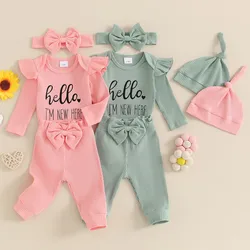 Newborn Baby Girls Autumn 4PCS Sets Long Sleeve Romper Tops Ribbed Pants Headband Hat Sets