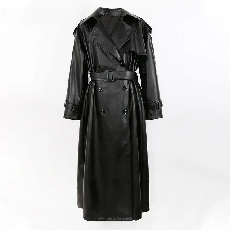 Spring Autumn Long Oversized Black Pu Leather Trench Coat for Women Belt Double Breasted Loose Casual Maxi Overcoat