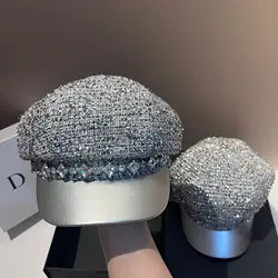Navy hat silver hot diamond fashion RB leather brim octagonal hat outdoor small Chanel wind cap 겨울모자