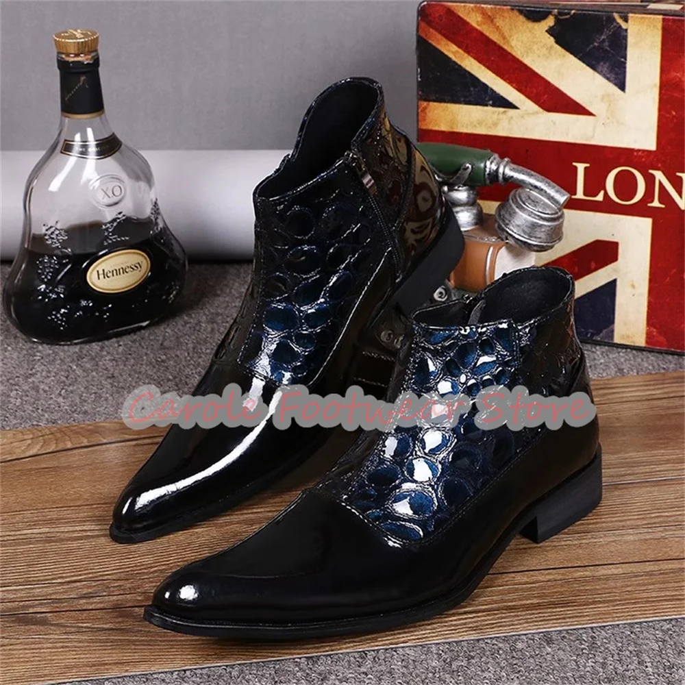 

Male Mixed Color Leather Splicing Chelsea Boots British Style Pointed Toe Chunky Heel High Top Boots Men's Business Dress Shoes