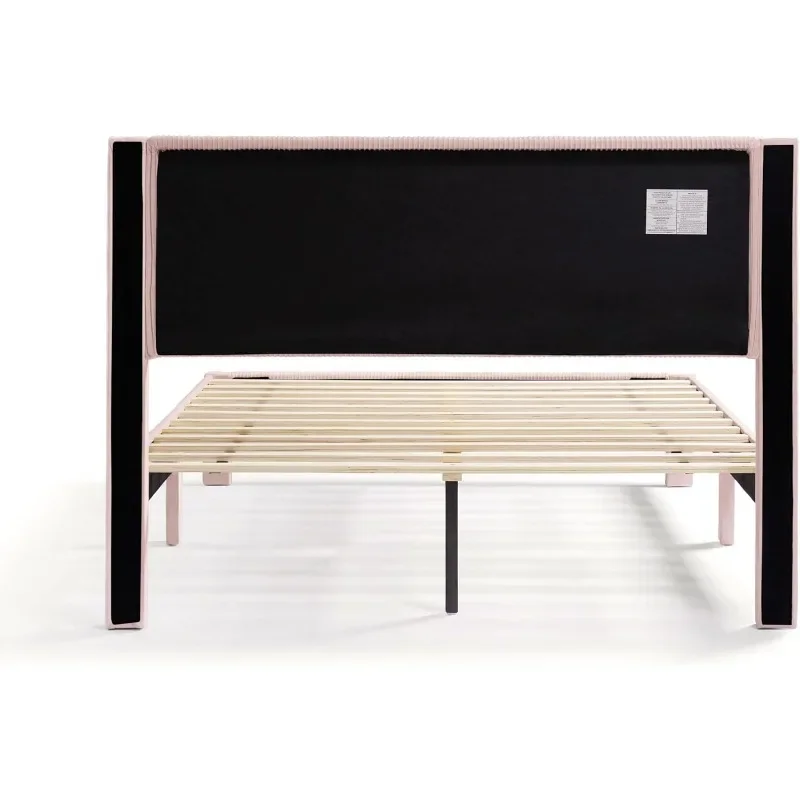 Freya Modern Fluwelen Platform Bed Frame Queen Size Met Kanaal Gestoffeerd Hoofdeinde En Houten Latten Ondersteuning Voor Slaapkamer