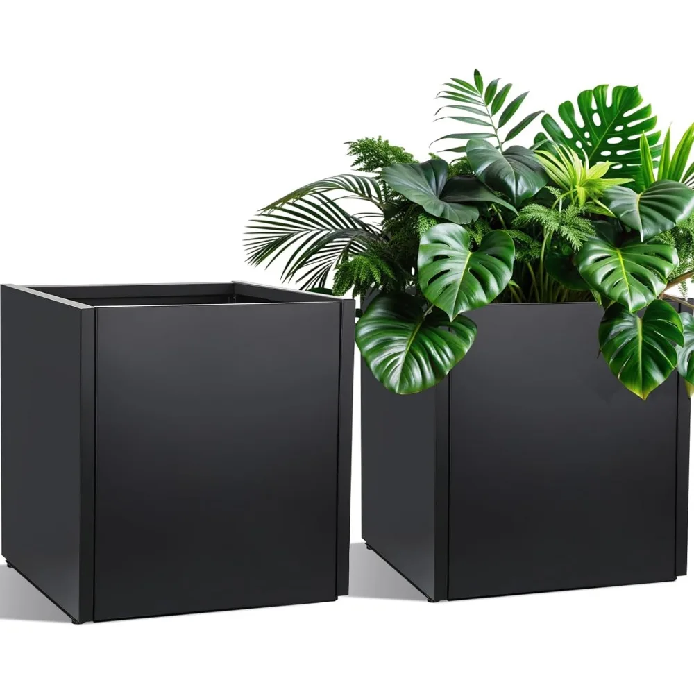 

2 Pcs Extra Large Black Square Planter Box Outdoor 17 L x 17 W x 18 H Heavy Galvanized Steel Planters with Drainage Holes Divide