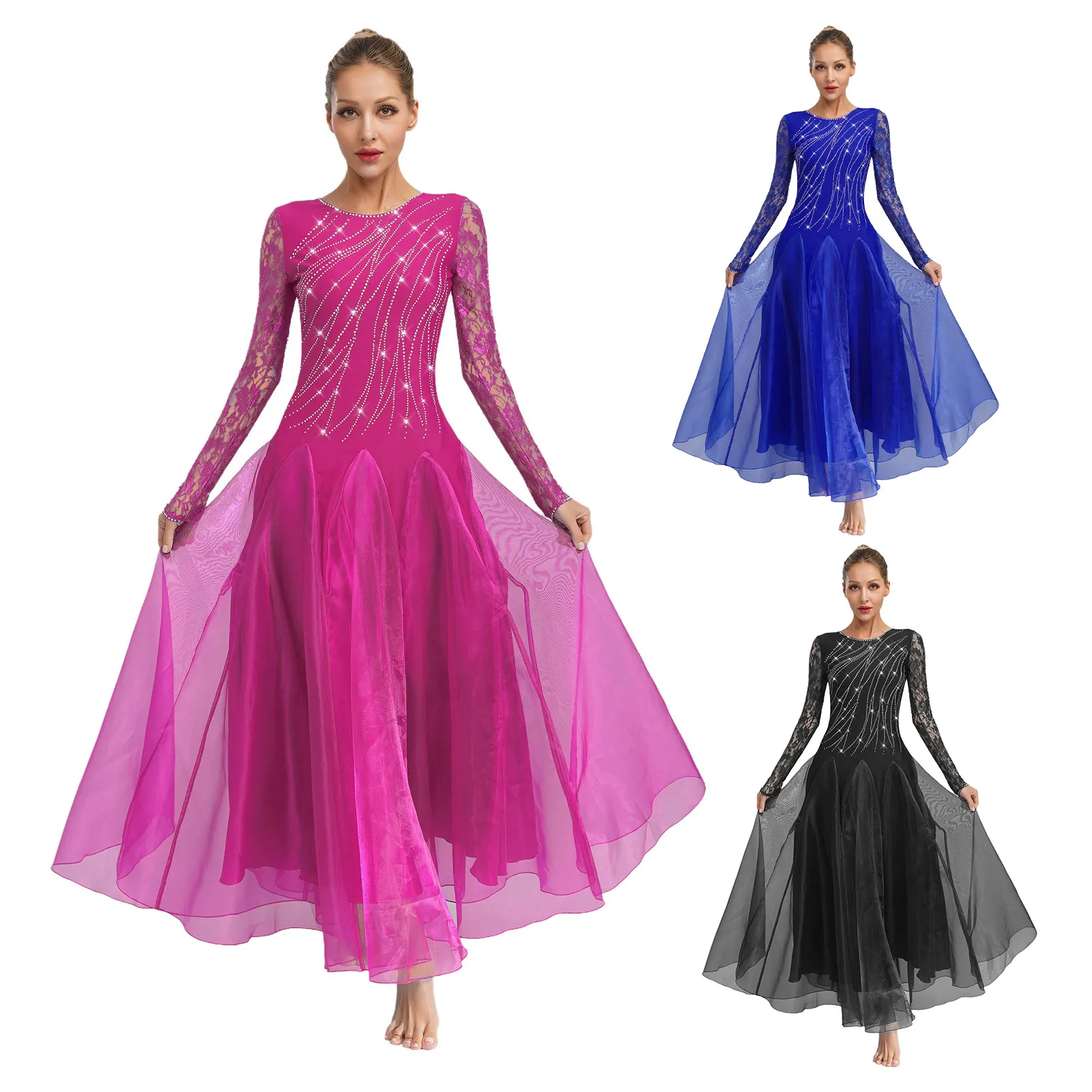 

‌Sparkling Rhinestone Dance Dress for Womens Floral Lace Long Sleeves V-Back Design for Ballroom Modern Dance Waltz Performances