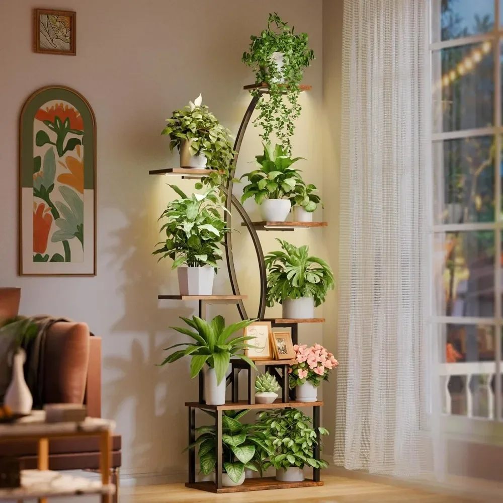 Plant Stand with Grow Light, 8 Layer Plant Stand, 65 Inch Metal Plant Stand Curved Shape Flower Stand for Living Room, Balcony