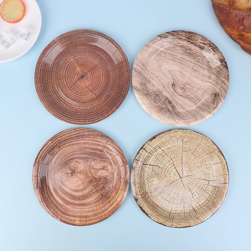 10Pcs 7-Inch Retro Imitation Wood Grain Disposable Tableware Plate Paper Tray Birthday Holiday Party Decoration Household Item