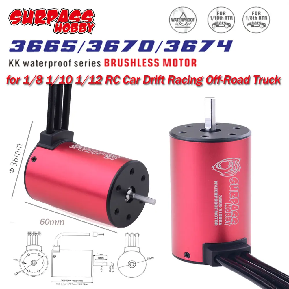 

Surpass Hobby KK 3665 3670 3674 Waterproof Brushless Motor for 1/8 1/10 1/12 RC Car Drift Racing Off-Road Truck Parts