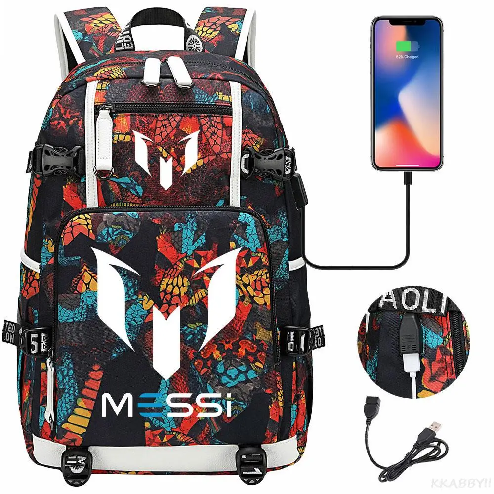 Messi-Sac à Dos d\'École Noir pour Garçon et Fille, avec Chargeur USB, 4x4, Mochila InTalk l