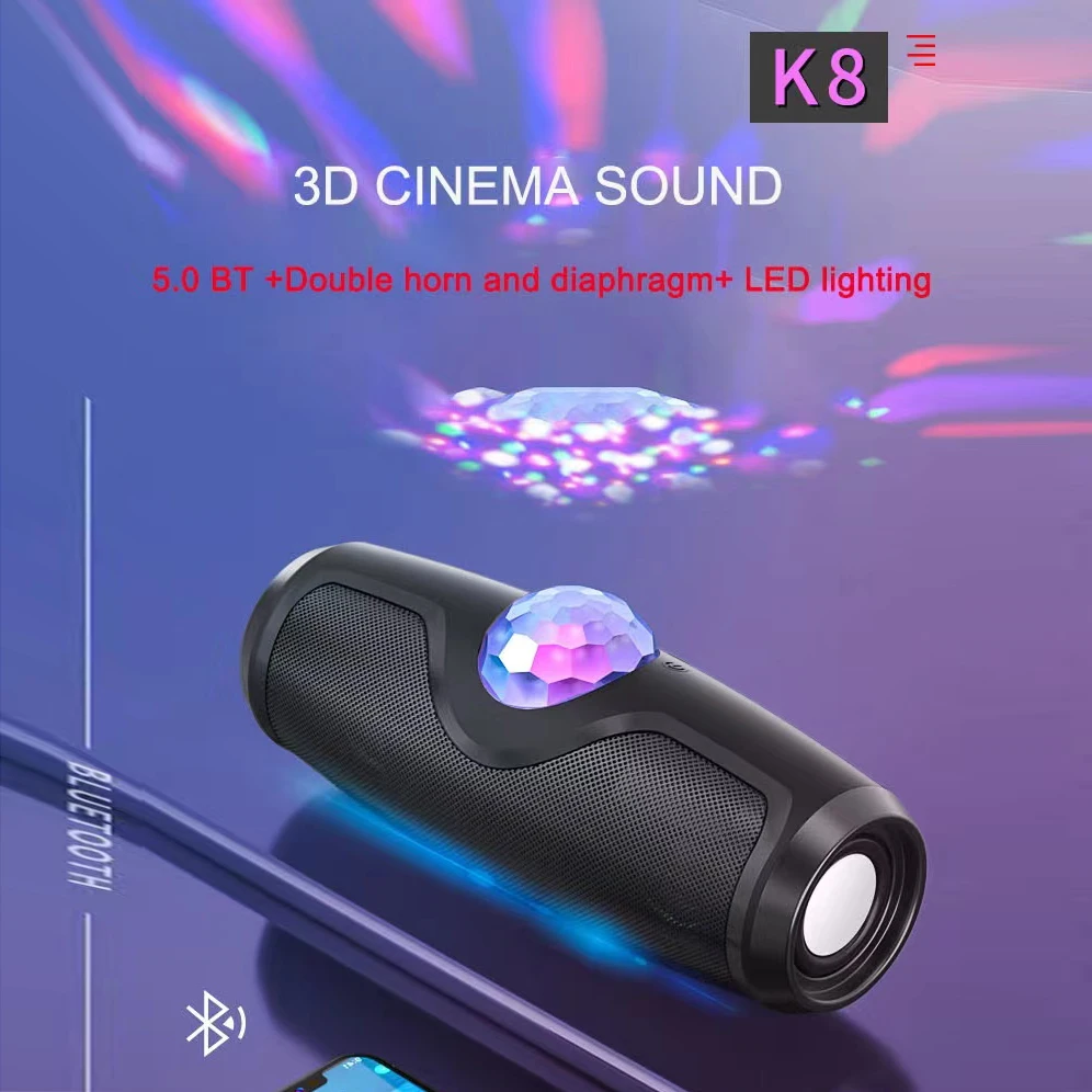 Neon Color K8 Bluetooth Speaker With Rotating colored Ball Light Effect Shocking Ultra-High Sound Quality Outdoor Speaker