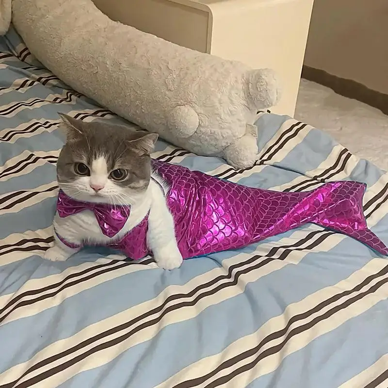 Mermaid Cat Costume Sequin Mermaid Tail Clothes For Halloween Halloween Costumes Unique Dog Outfit Comfortable Fishtail Clothes