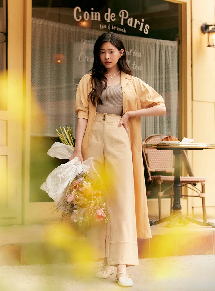 퓨어 코튼 하이 웨이스트 스트레이트 레그 와이드 레그 팬츠 다목적 턴업 캐주얼 바지 한국 스타일 통근 바람 여름 202