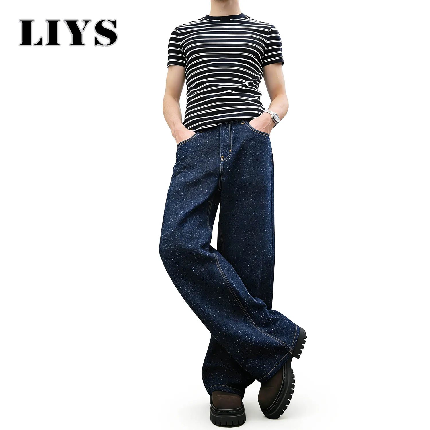 

LIYS Men's American Loose Casual High Street Niche Hook Flower Wide Leg Denim Pants High-End Street Style Straight Leg Pants