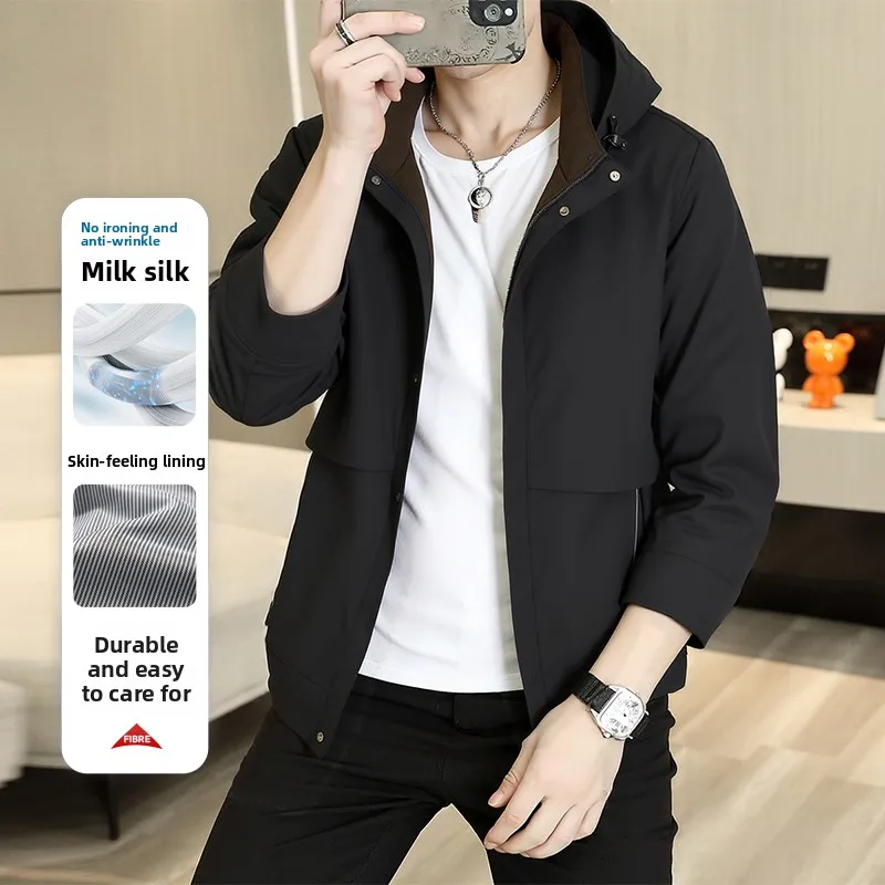 2025 Men's Hooded Jacket Long Coat Waterproof Full Zip Multiple Pockets Detachable Cap Windbreaker Men High Fashion Work Jackets