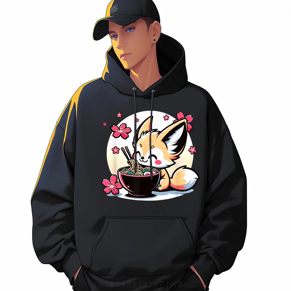 Kawaii Fennec Fox Eating Ramen Brand Clothing Vintage Sweatshirts EU SIZE Men Christmas Sweater Long Sleeve