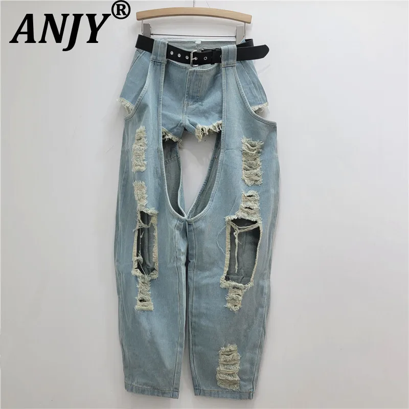 

ANJY Summer New Women's Streetwear Trendy Distressed Original Ripped Jeans Denim Shorts Patchwork Pants Chic Two-piece Set A7766