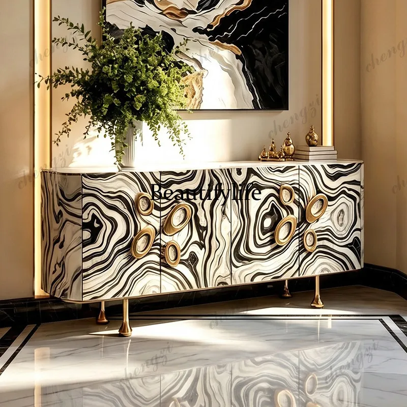 Italian light luxury marble dining side cabinet, high-end feeling, wall decoration, locker, foyer cabinet