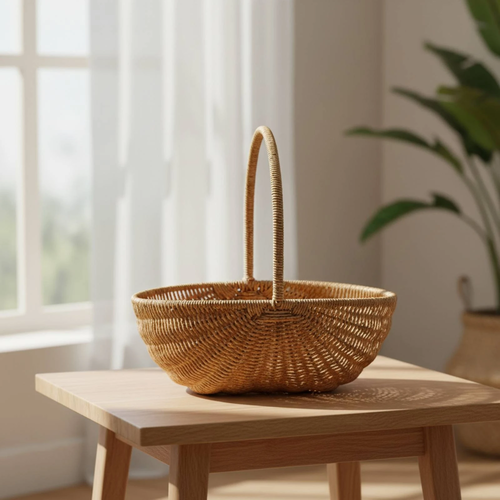 Woven Fruit Basket Handwoven Basket with Handle Open-Top Rustic for Kitchen Storage, Picnic view 3