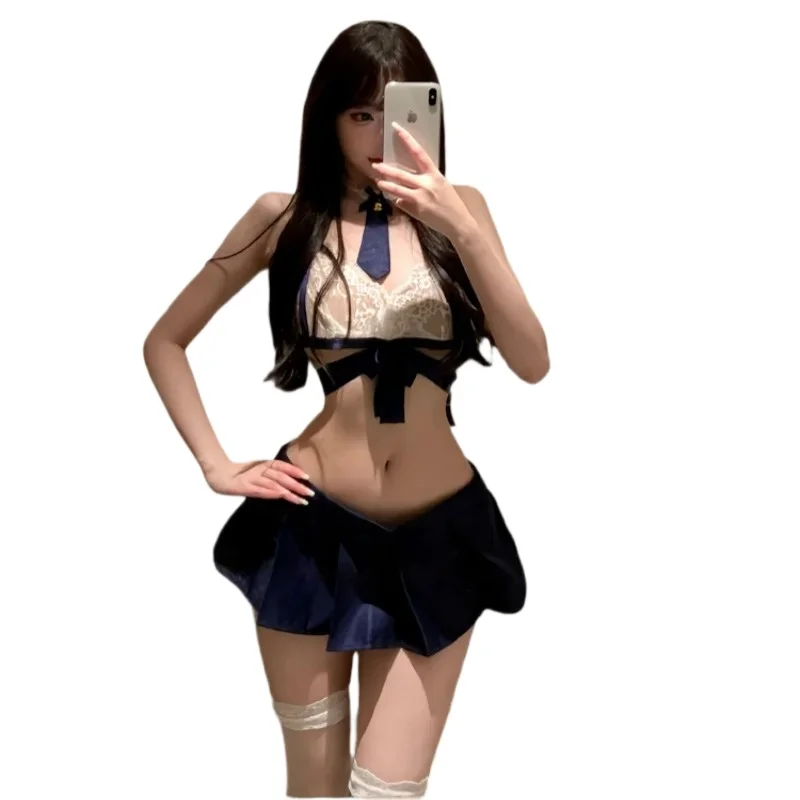 New Sexy Provocative Hot Girl JK Uniform Erotic Lingerie Lace See-through Cross-strapped Pure Desire Bowknot Seductive Pajamas