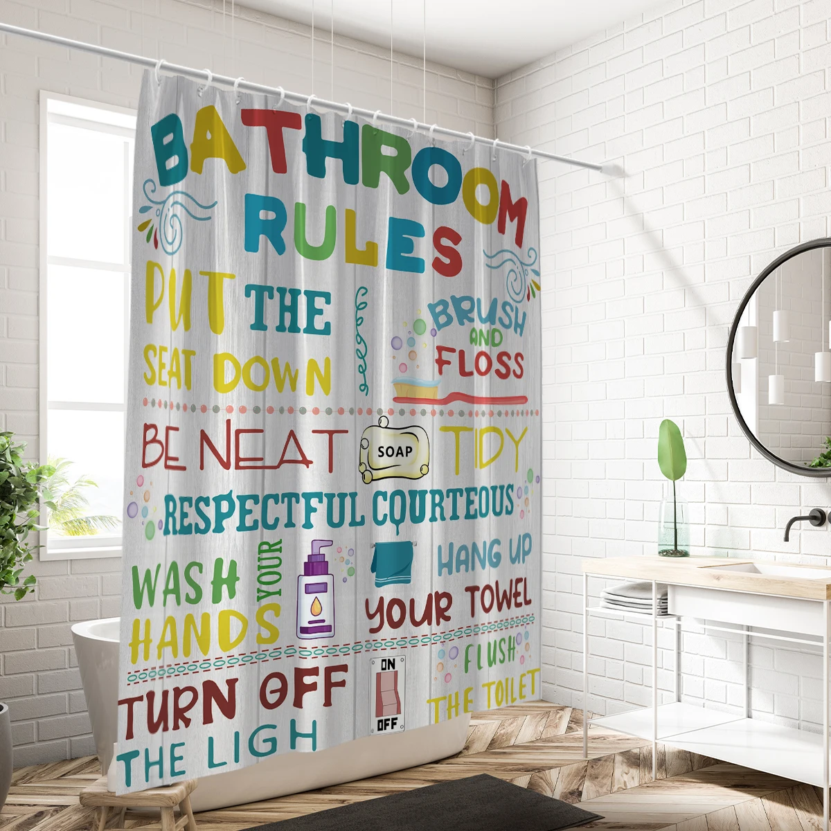 1PC shower curtain, interesting inspirational words, colorful inspirational quotes, wooden waterproof bathroom with12 hooks