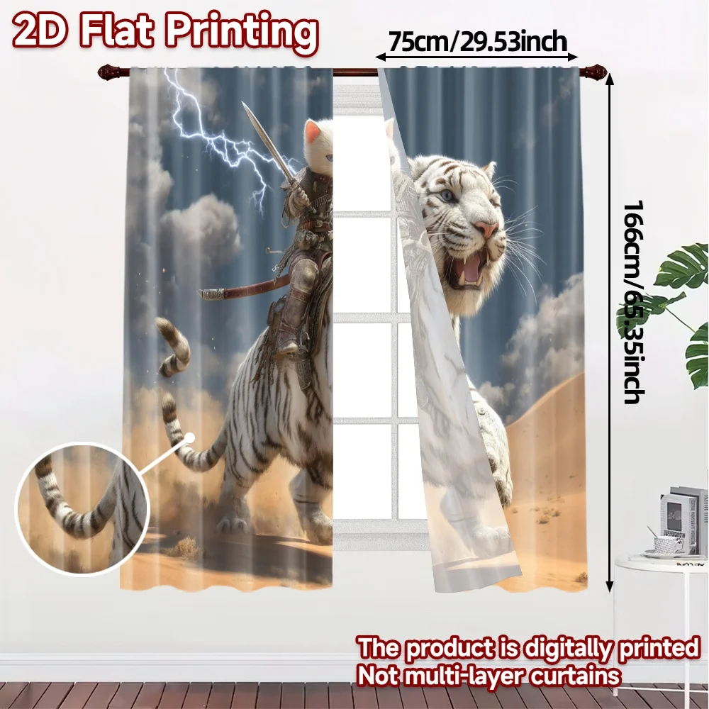 2pcs, 2D FLAT PRINTING Curtains (Without Rod) Tiger Rider Storm Print Popular Curtains Polyester Easy Install Curtains Holiday