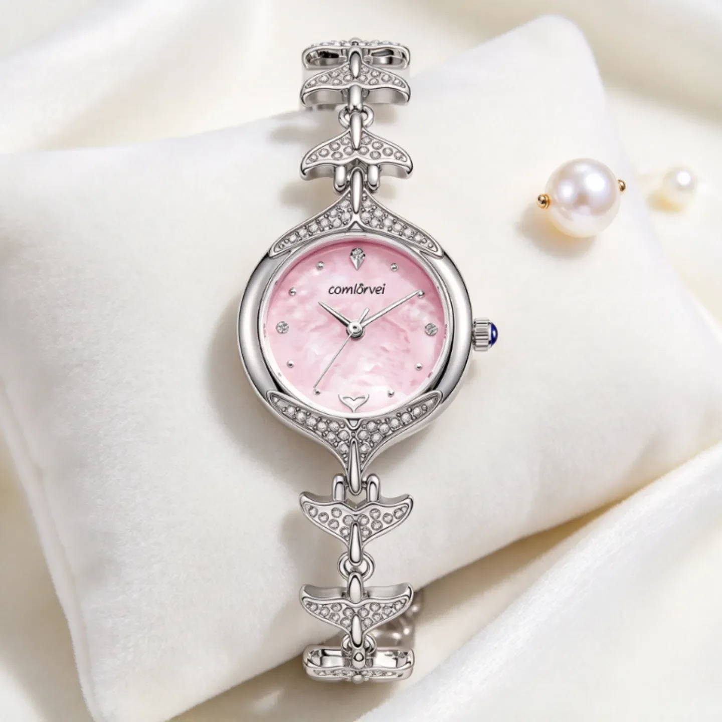 Luxury Women Quartz Watch, Mermaid Tail Rhinestone Bracelet Wristwatch, Shell Dial Elegant Ladies Dress Watch, Jewelry Watch for