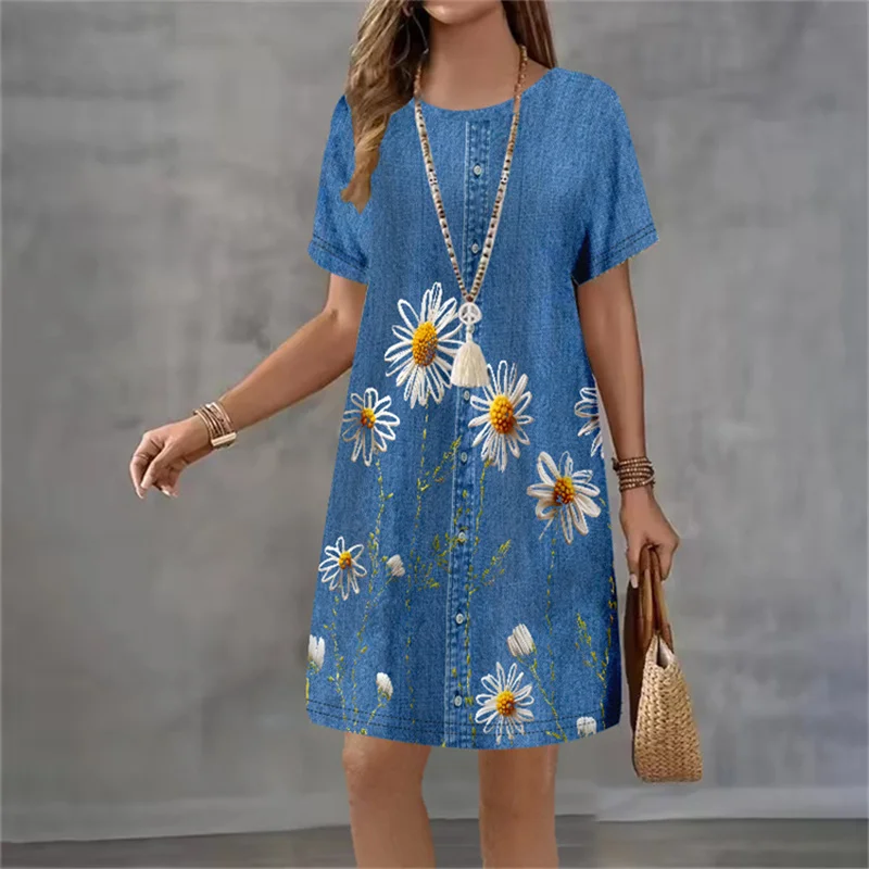 Women's O-Neck Imitation Denim Dress 3D Vintage Floral Print Dress Big Size Short Sleeve O-Neck Casual Loose A-Line Dress Robe