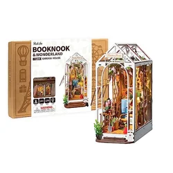 Robotime Rolife Gardenhouse Book Nook DIY Dollhouse Bookend Model Kit with LED Light Wooden Puzzle for Bookshelf Decor - TGB06