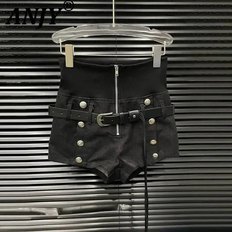 ANJY Spring Summer New Women's Dark Style Buttons Zipper Fashion Denim Shorts Washed Vintage Casual Puff Sleeve Short Top A25188