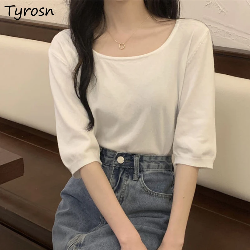 Knitting T-shirts Women 6 Colors Summer Design Fashion Minimalist All-match Leisure Solid Tops Retro Sweet Stylish Loose Classic