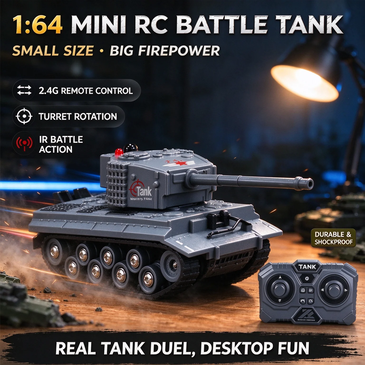 RC Battle Tank, Infrared Combat Tracked Car with Thick Rubber Tracks, Climbing Toy Gift for Boys  ﻿