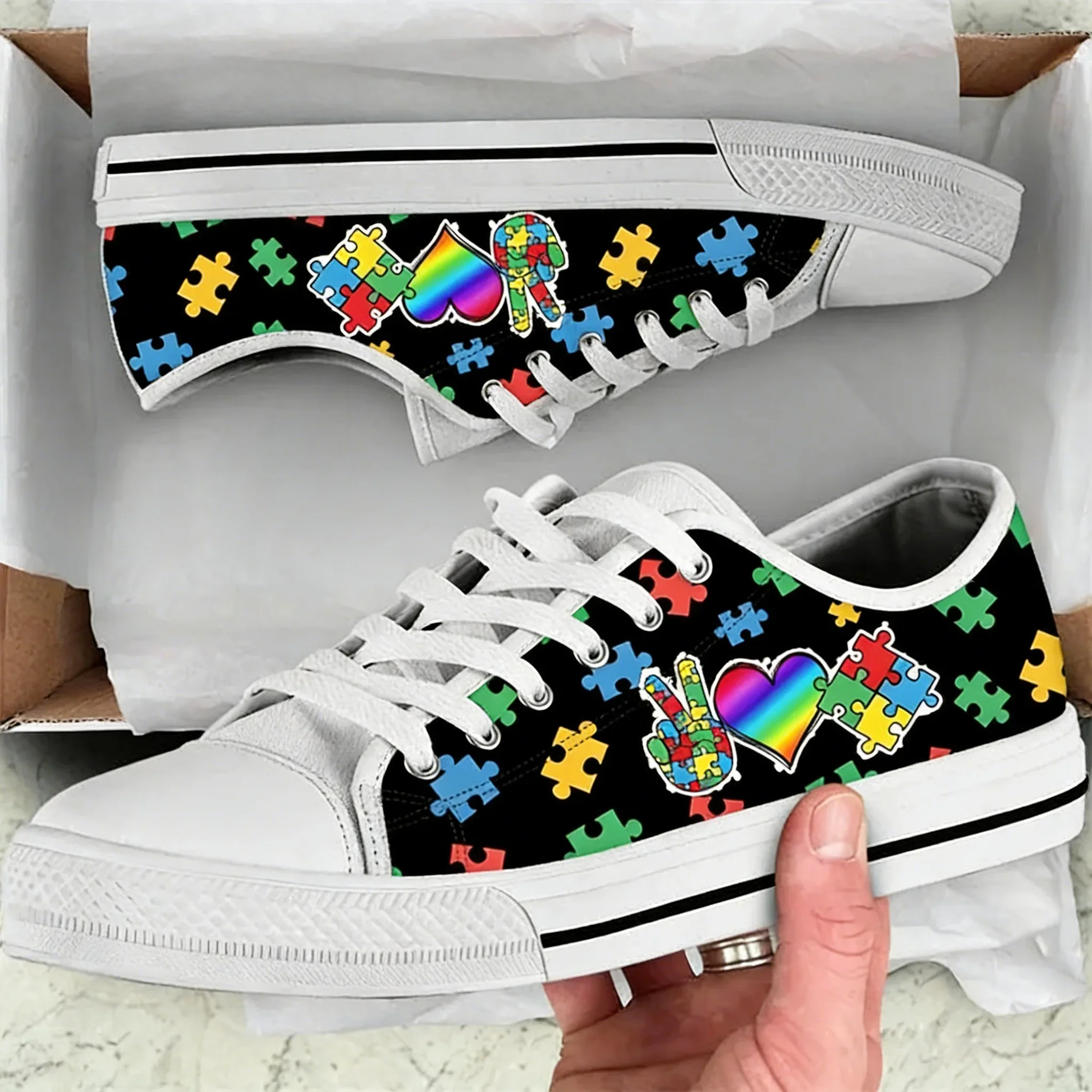 Fashion Low Top Canvas Shoes for Women Breathable Lace-up Casual Flats Autism Awareness Cancer Mesh Sneakers Size 35-49 Tennis