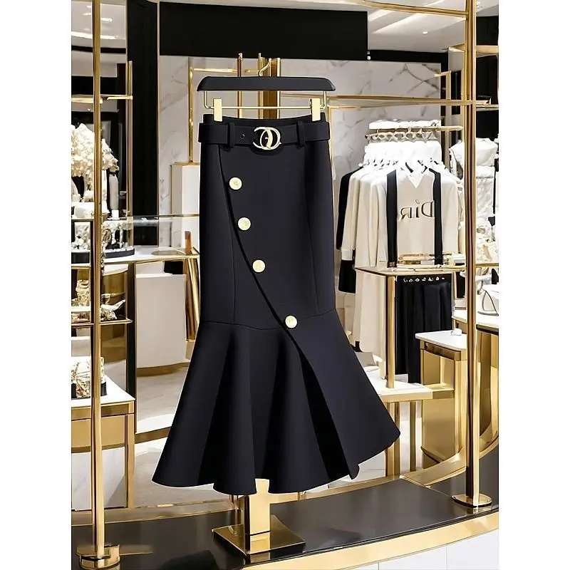2025 Spring New Fashion Irregular High Waist Black Pleated Skirt Women Clothes Fashionable Buttons Ruffles Skinny A-line Skirt