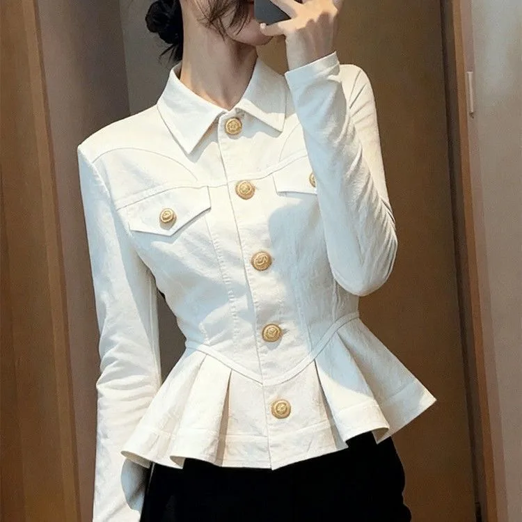 White Short Waist-Cut Jacket for Women Elegant Fashionable Unique Beautiful Small Fragrance Style Personality Slim Fit Shirt