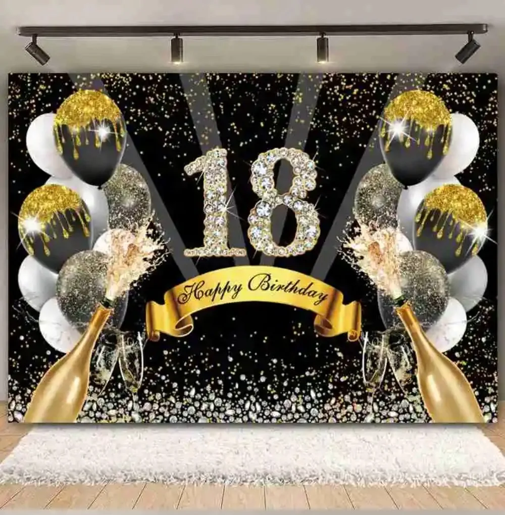خلفية لافتة عيد ميلاد سعيد للبالغين بعمر 18 عامًا باللون الأسود والذهبي، خلفية للتصوير الفوتوغرافي على شكل نجمة متألقة بالون الشمبانيا هدية