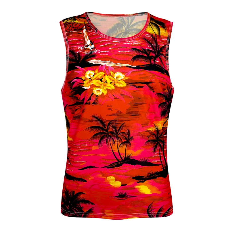 Męski strój plażowy na lato 2025, nadruk zachodu słońca, ognistych chmur, męska codzienna kamizelka, lekkie, oddychające, wysokiej jakości szorty.