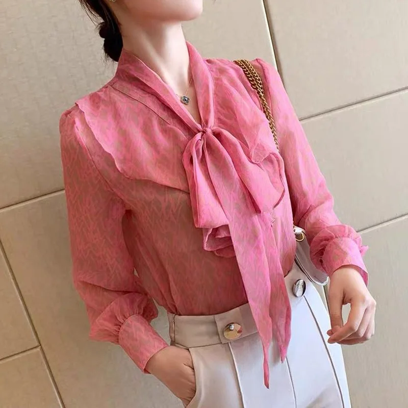 2024 New Elegant Long Sleeve Office Lady Shirts Ladies Solid Color Temperament Blouses Summer Loose Chiffon Women\'s Clothing