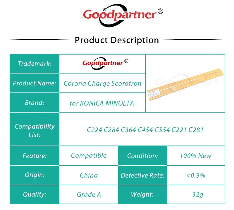 Scorotron Corona Charge pour Konica Minolta, 10X, C224, C284, C364, C454, C554, C221, C281, C7122, C7128, 224e, 284e, 364e, 454e, 554e