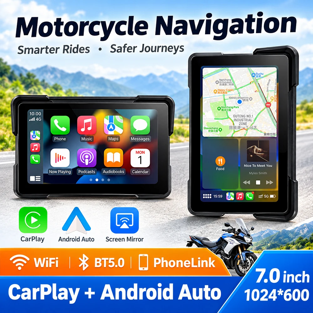 7 Inch Wireless CarPlay Android Auto Motorcycle GPS Navigator Display Bluetooth5.0 WiFi Motorcycle Navigation Screen Player