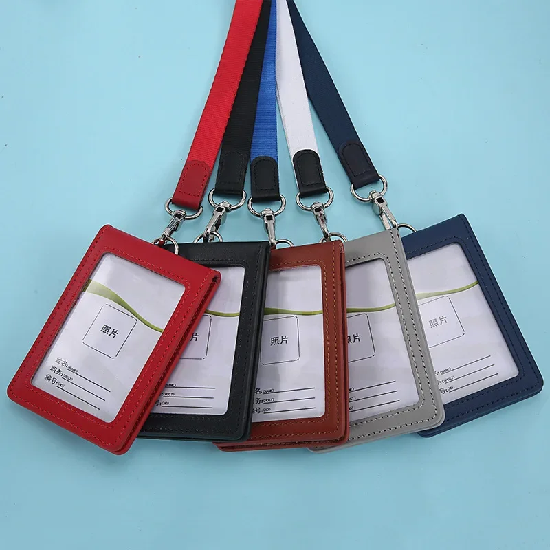 Fashion PU Leather Business Working ID Credit Card Holder Badge Wallet Pouch Unisex Foldable Identity Card Cover with Neck Strap