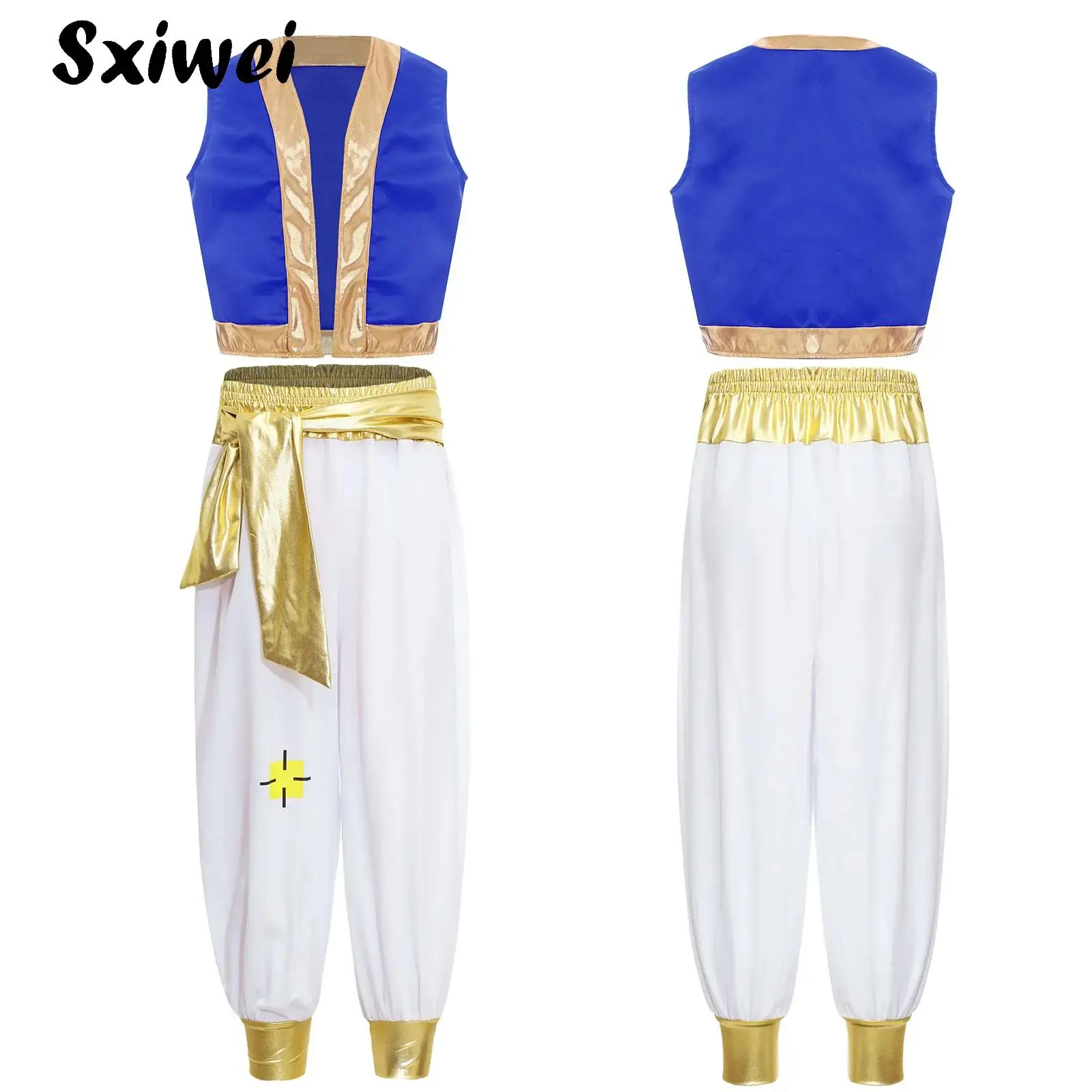

Boys Arabian Prince Outfit Fairy Tale Character Cosplay Costume Shiny Vest Waistcoat And Harem Pants Halloween Carnival Dress Up
