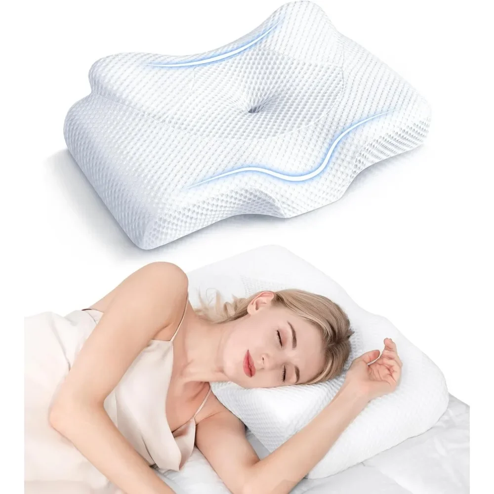 

Pillow for Neck Pain Relief, Hollow Design Odorless Memory Foam Pillows with Cooling Case, Adjustable Orthopedic Bed Pillow