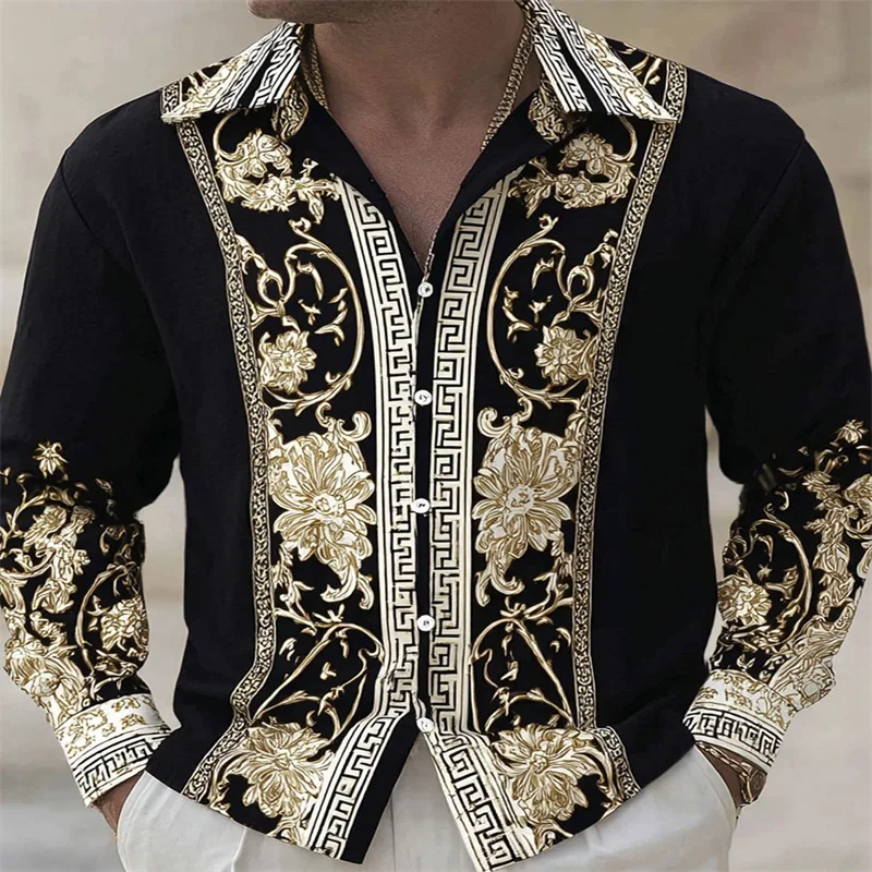 

2026 Men's Retro Long Sleeve Shirt, Luxury Long Sleeve Top, Spring and Autumn with Gold Baroque Chain Printed Casual Holiday Shi