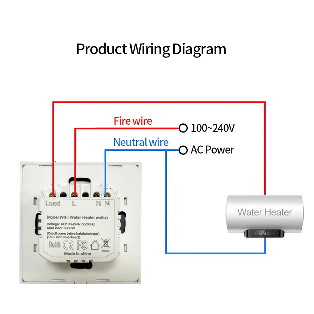 UBARO 40A WiFi Smart Touch Switch for Water Heater, Voice Control, Tempered Glass Panel, Suitable for European Circular Installa