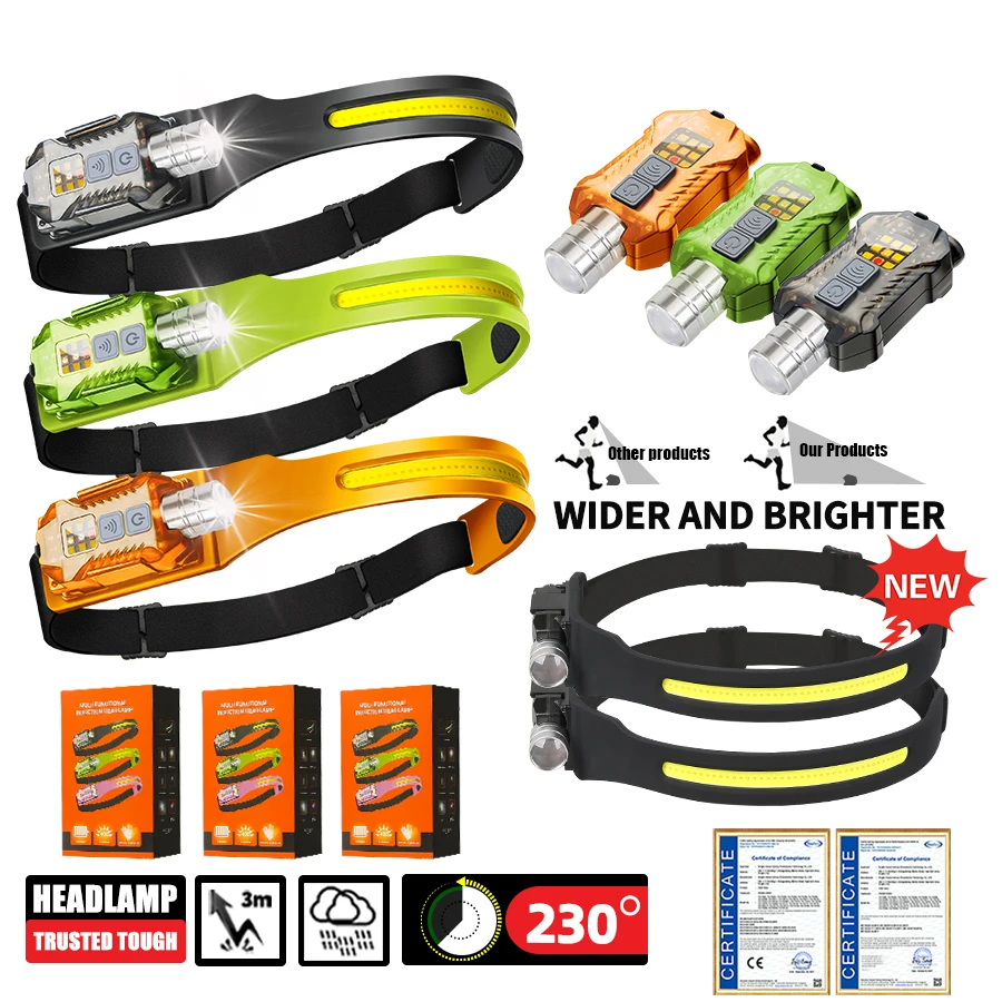 Linterna frontal con Sensor LED recargable por USB C, linterna frontal Led XPE + COB, luz de búsqueda para acampada, linterna frontal para pesca