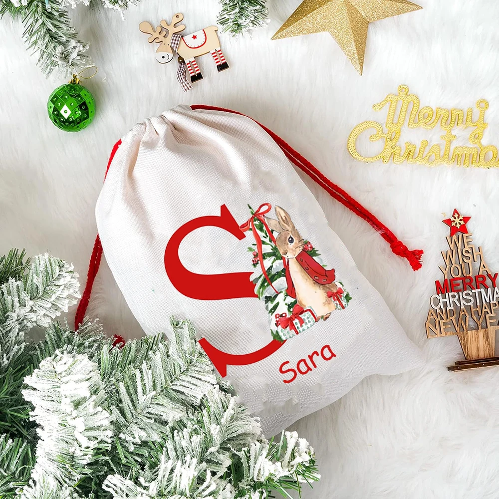 Nome personalizzato e iniziale babbo natale sack rabbit Christmas stocking Merry Xmas eve Decoration kid boy girl gift Present Bag