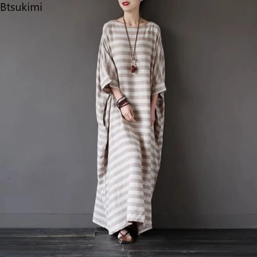 

Fashion Ethnic Style Women's Vintage Striped Floor-length Long Dress 2024 Loose Cotton Linen Casual Robe for Women New Vestidos