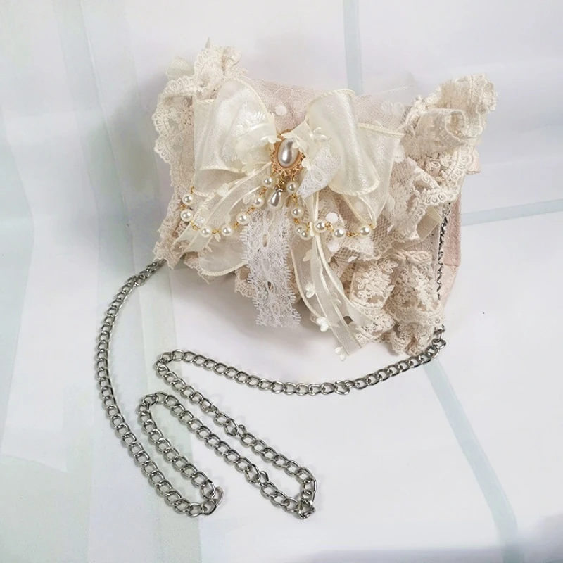 Lolita Gentle Girls Shoulder Bags Elegant Sweet Lace Bow Women\'s Handbags Fashion Cute Pearl Chain Top-Handle Y2k Aesthetic