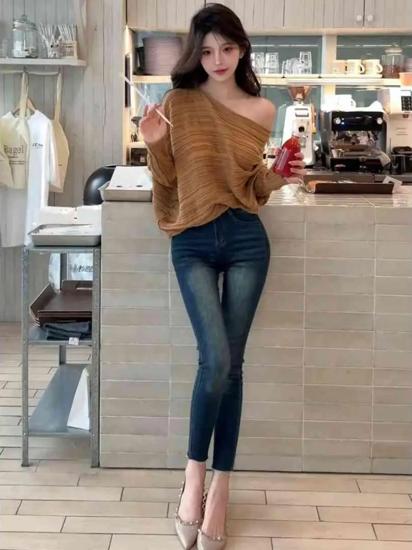 

High Waist Slim Fit Denim Jeans Women's Spring Autumn New Sle Elastic Ripped Versatile Nine Point Pencil Thin Pants