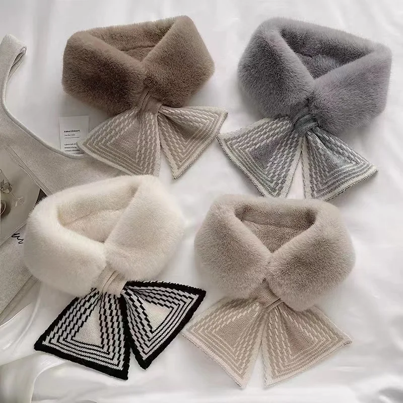 

Women'S Imitation Rabbit Fur Knitted Plush Splicing Cross Yarn Scarf For Autumn&Winter Warmth Neck Protection Windproof Scarf